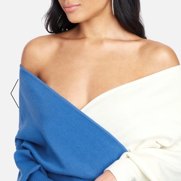 BLUE + WHITE SURPLICE COLOR BLOCK SWEATER DRESS BEBE NWT - Picture 2 of 4